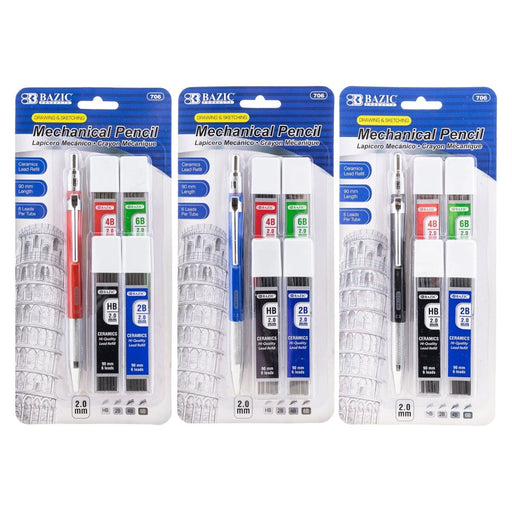 2.0 mm Mechanical Pencil with HB, 2B, 4B & 6B Lead, Assorted Barrel Color, Pack of 3 - Kidsplace.store
