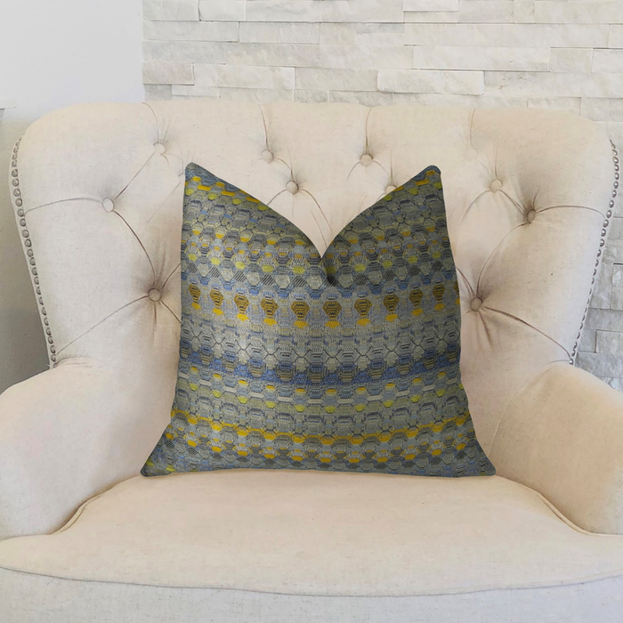 Plutus Blue Wynne Blue Navy and Yellow Handmade Luxury Pillow