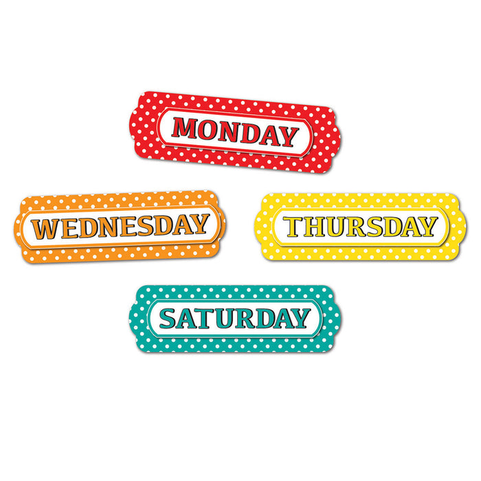 Magnetic Die-Cut Timesavers & Labels, Days of the Week, White Polka Dots On Assorted Colors, 8 Per Pack, 6 Packs