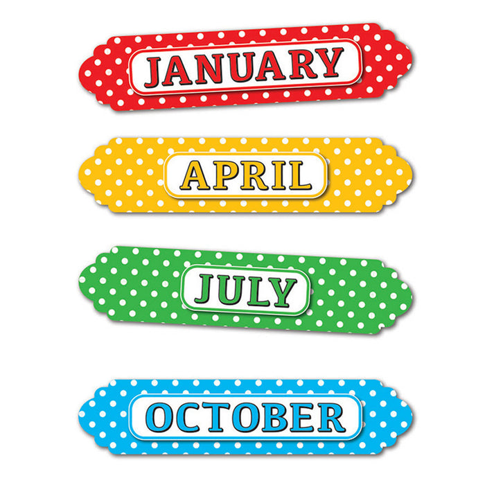 Magnetic Die-Cut Timesavers & Labels, Months of the Year, White Polka Dots On Assorted Colors, 12 Per Pack, 6 Packs