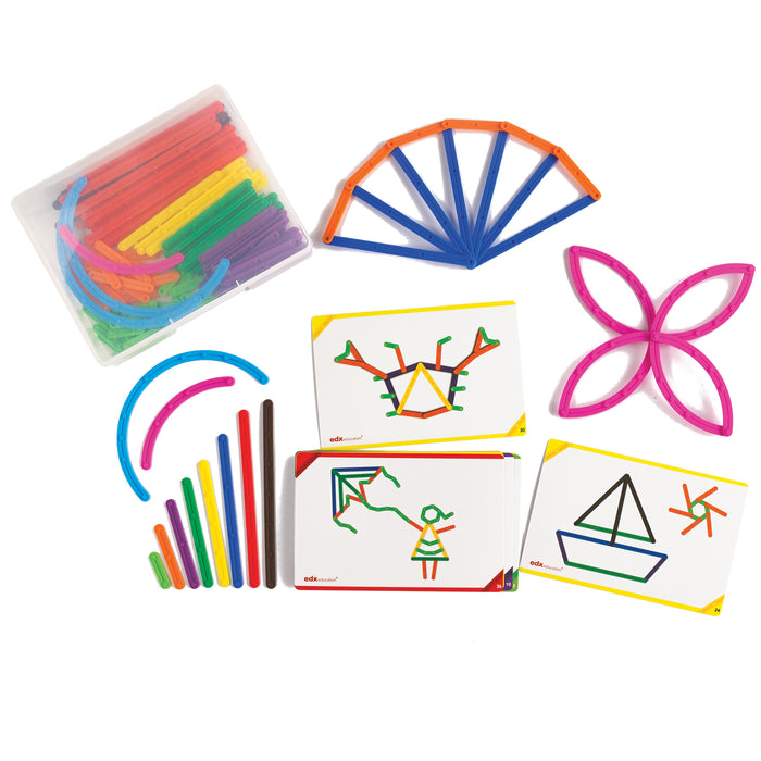Junior GeoStix - 200 Multicolored Construction Toy Sticks - 30 Double-Sided Activity Cards