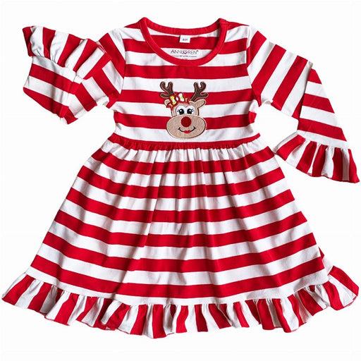 AnnLoren Girls Boutique Red Stripe Christmas Rudolf the Reindeer Swing Dress - Kidsplace.store