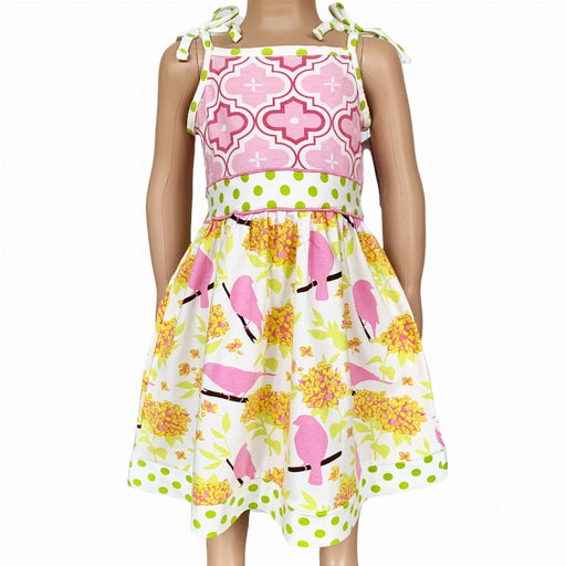AnnLoren Girls Dress Spring Birds and Pink Arabesque Cotton Knit Spaghetti Straps - Kidsplace.store