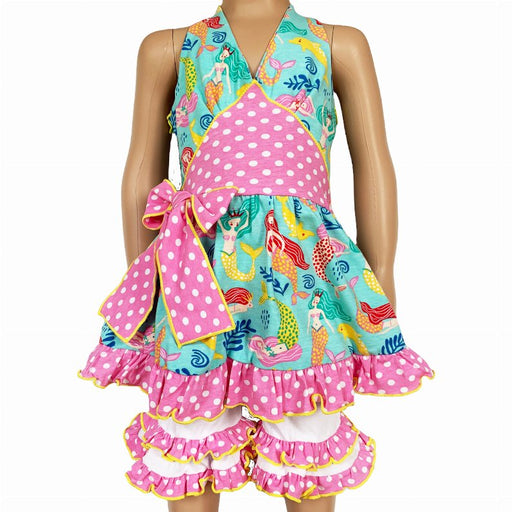 AnnLoren Girls' Mermaid Halter Dress & White Ruffle Shorts Boutique Set - Kidsplace.store