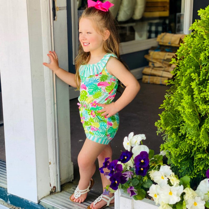 AnnLoren Little & Big Girls Pink Flamingo Palm Tree Kids Shorts Jumpsuit - Kidsplace.store