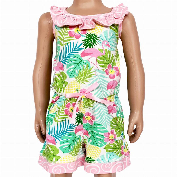 AnnLoren Little & Big Girls Pink Flamingo Palm Tree Kids Shorts Jumpsuit - Kidsplace.store