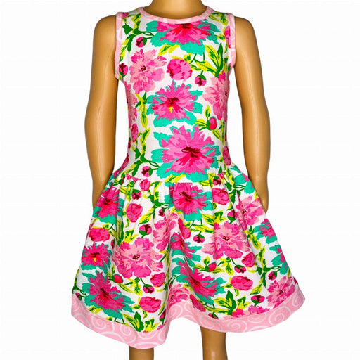 AnnLoren Little & Big Girls Spring Summer Floral Sleeveless Boutique Cotton Knit Dress - Kidsplace.store