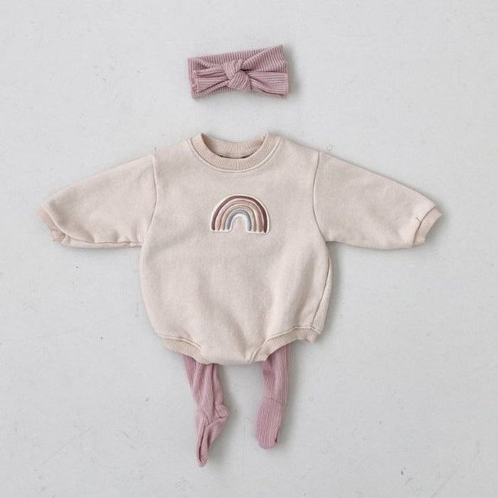 Baby 1pcs Rainbow Embroidery Pattern Solid Color Long Sleeves Soft Bodysuit - Kidsplace.store