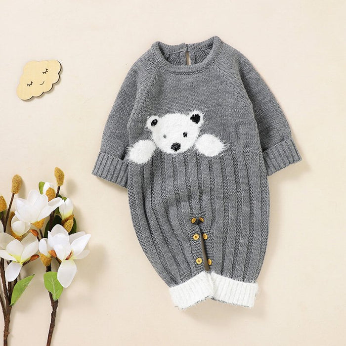 Baby Bear Jacquard Design Long Sleeve Cute Knitted Jumpsuits - Kidsplace.store