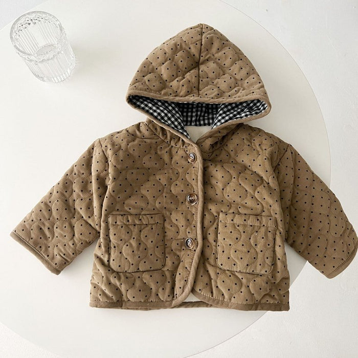 Baby Dot Pattern Corduroy Fabric Quilted Warm Coat With Hat - Kidsplace.store