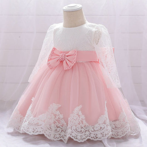 Baby Girl Bow Patched Design Long Sleeves Full Moon Christening Mesh Formal Dress - Kidsplace.store