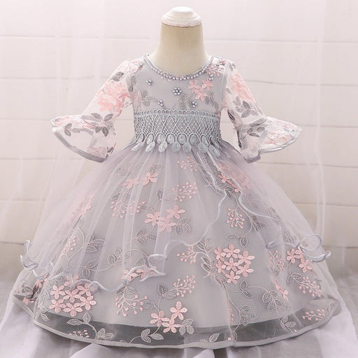 Baby Girl Embroidered Pattern Medium Sleeves One Year Old Tutu Formal Dress - Kidsplace.store