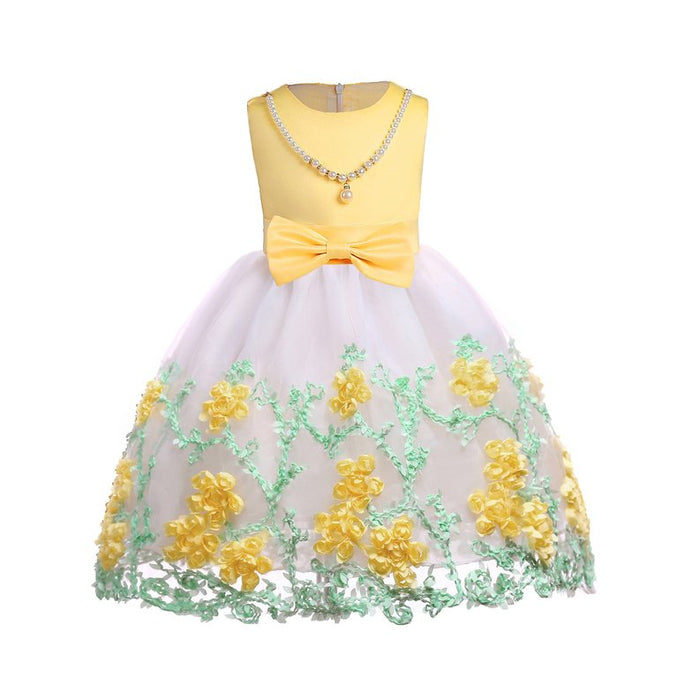 Baby Girl Flower Mesh Overlay Design Bow Tie Vest Dress Birthday Formal Dress - Kidsplace.store