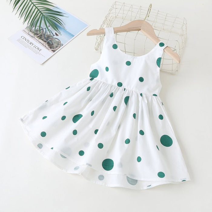 Baby Girls Polka Dot Pattern Sleeveless Round Collar Dress With Bow Decoration - Kidsplace.store