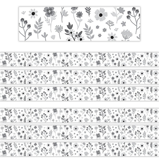 Black and White Floral Straight Border Trim, 35 Feet Per Pack, 6 Packs - Kidsplace.store