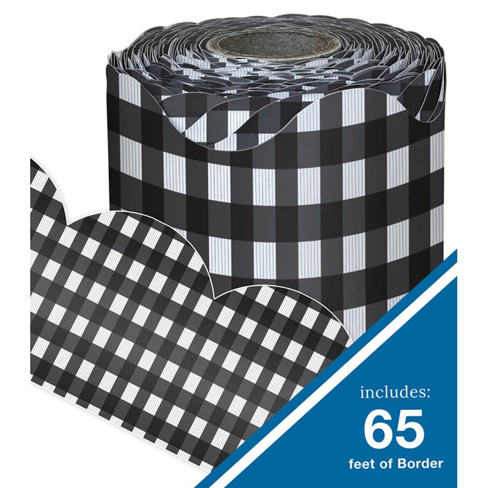 Black Gingham Rolled Scalloped Borders, 65 Feet Per Roll, Pack of 3 - Kidsplace.store