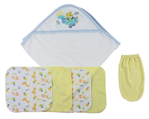 Blue Hooded Towel, Washcloths And Hand Washcloth Mitt - 6 Pc Set Cs_0009 - Kidsplace.store