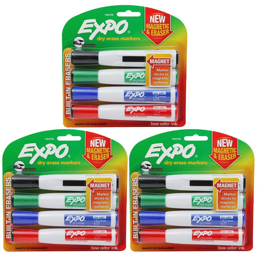 Magnetic Dry Erase Markers with Eraser, Chisel Tip, Assorted, 4 Per Pack, 3 Packs - Kidsplace.store