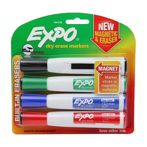 Magnetic Dry Erase Markers with Eraser, Chisel Tip, Assorted, 4 Per Pack, 3 Packs - Kidsplace.store