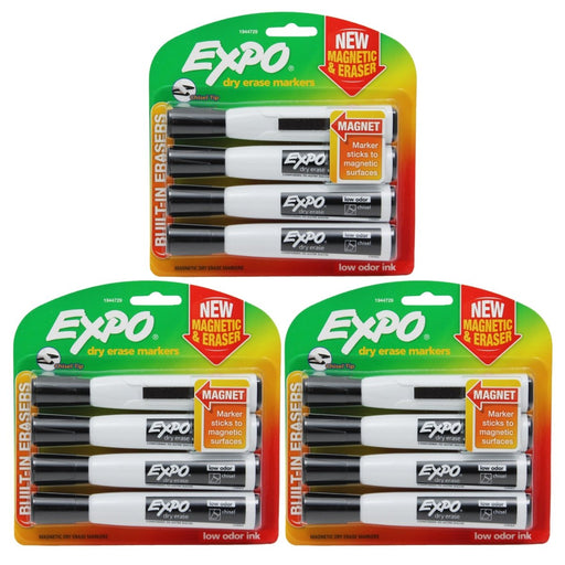 Magnetic Dry Erase Markers with Eraser, Chisel Tip, Black, 4 Per Pack, 3 Packs - Kidsplace.store