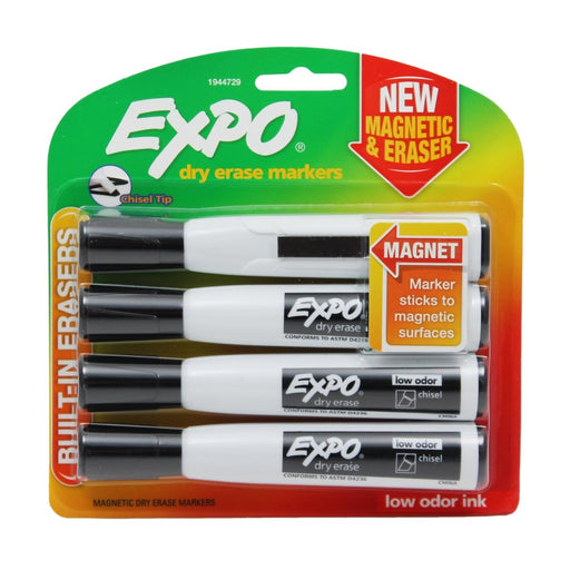 Magnetic Dry Erase Markers with Eraser, Chisel Tip, Black, 4 Per Pack, 3 Packs - Kidsplace.store