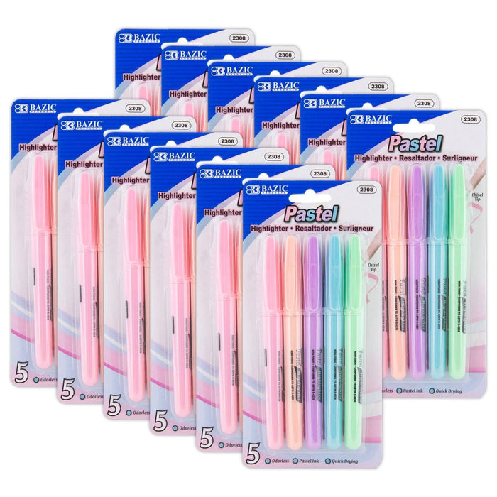 Pen Style Highlighter with Pocket Clip, Pastel, 5 Per Pack, 12 Packs - Kidsplace.store