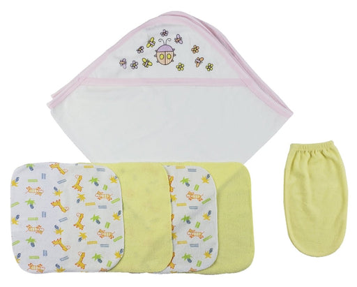 Pink Hooded Towel, Washcloths And Hand Washcloth Mitt - 6 Pc Set Cs_0010 - Kidsplace.store