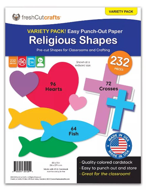 Punch Out Paper Cutouts, Religious Shapes, Cross, Heart & Fish, 232 Pieces - Kidsplace.store