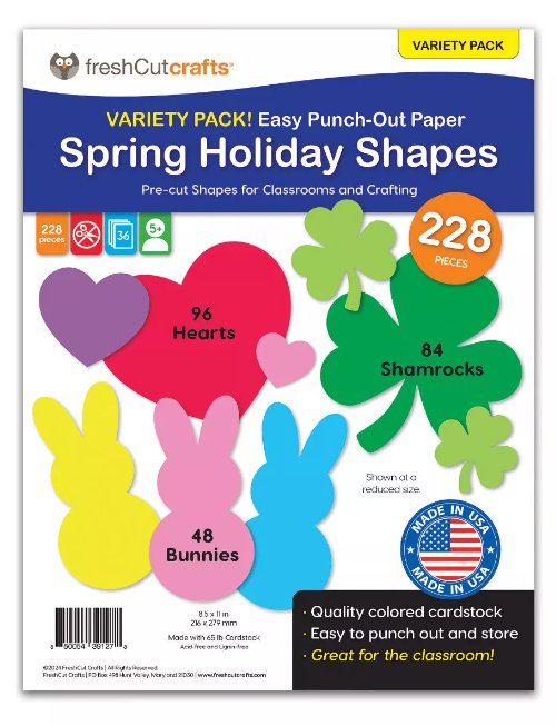 Punch Out Paper Cutouts, Spring Holiday Shapes, Valentine Hearts, Shamrocks & Easter Bunny, 228 Pieces - Kidsplace.store