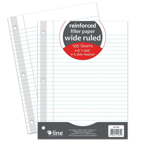 Reinforced 3 - Hole Punched, Filler Paper, Wide Rule, 10.5" x 8", 100 Sheets Per Pack, 6 Packs - Kidsplace.store