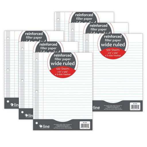 Reinforced 3 - Hole Punched, Filler Paper, Wide Rule, 10.5" x 8", 100 Sheets Per Pack, 6 Packs - Kidsplace.store