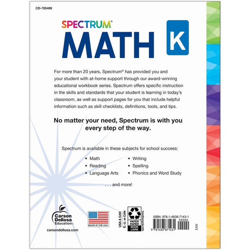 Spectrum Math Workbook, Grade K - Kidsplace.store